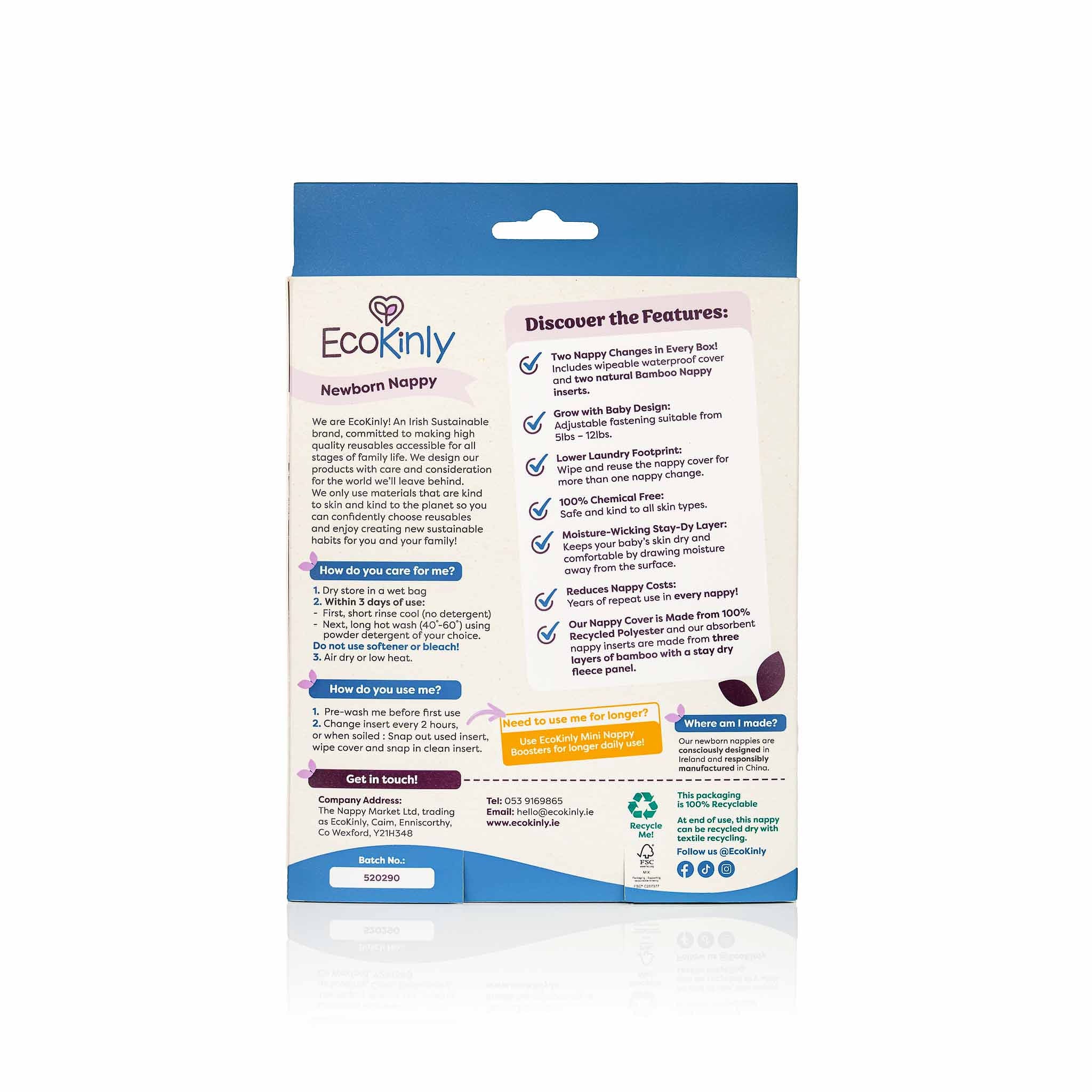 Ecokinly newborn nappy packaging with text and icons on a white background