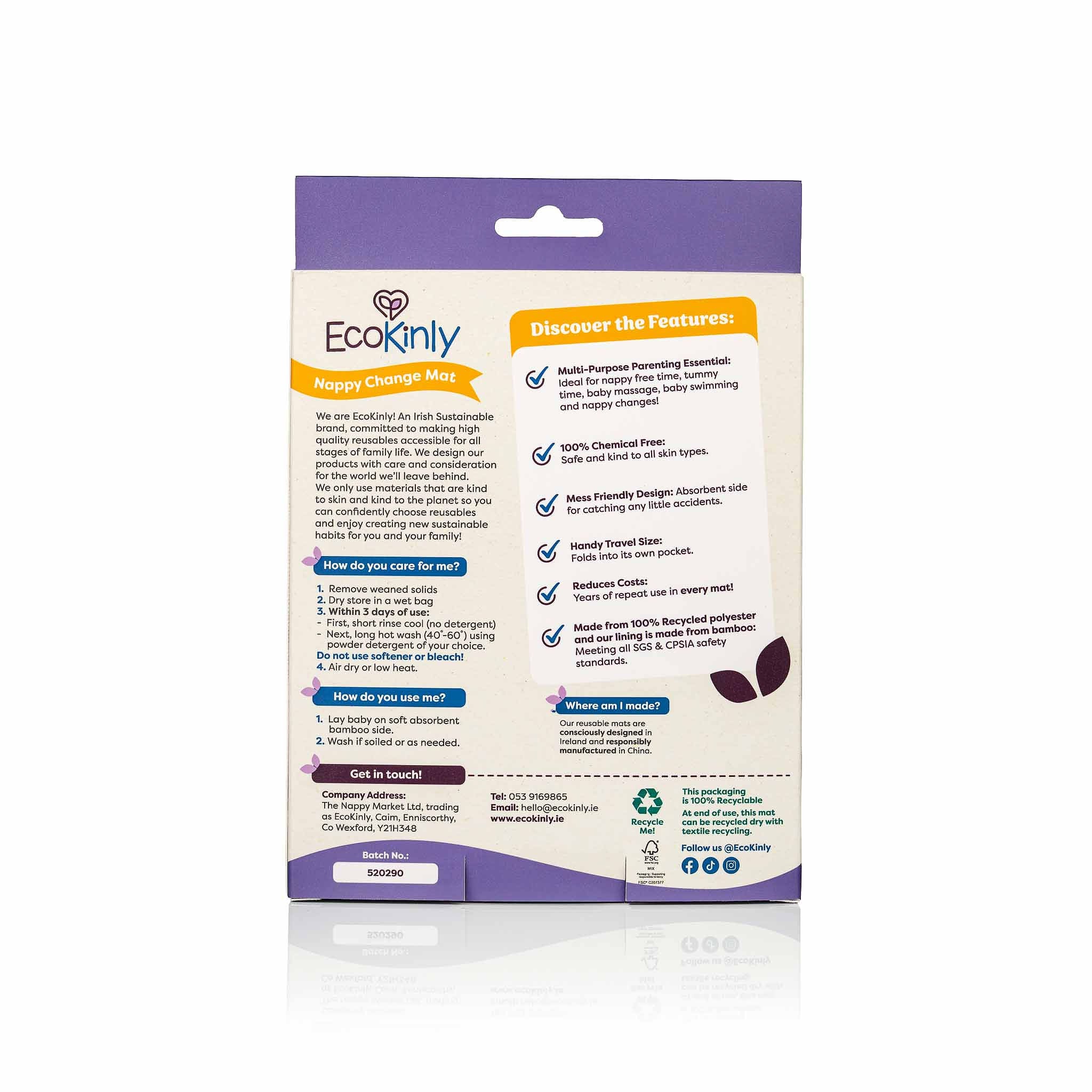 Ekokinly nappy change mat packaging with purple and white design on a white background