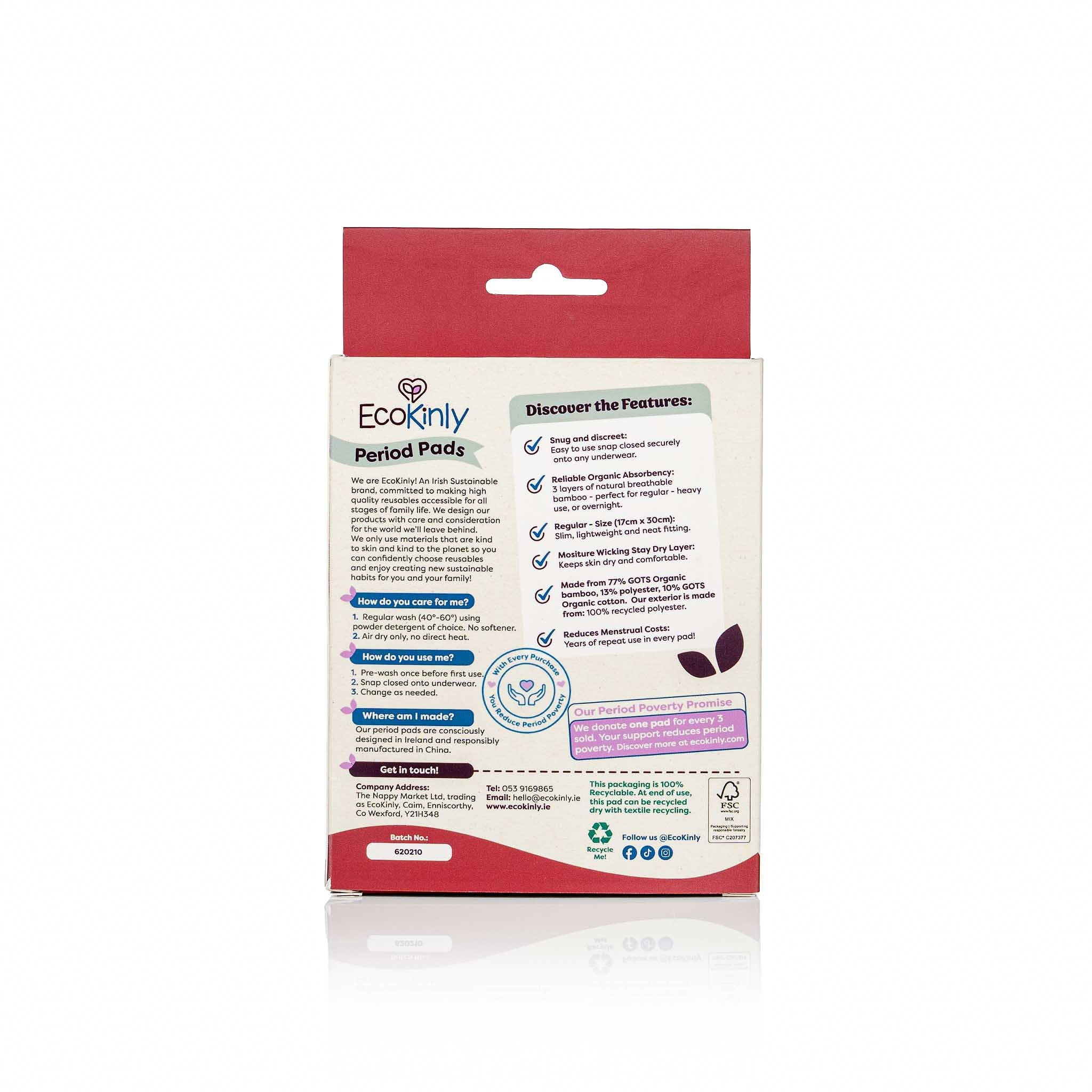 Package of Ecokinly period pads with product details on a white background