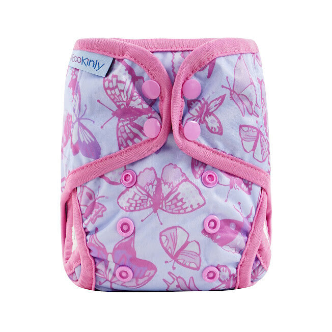 Butterfly-patterned diaper cover with pink accents on a white background