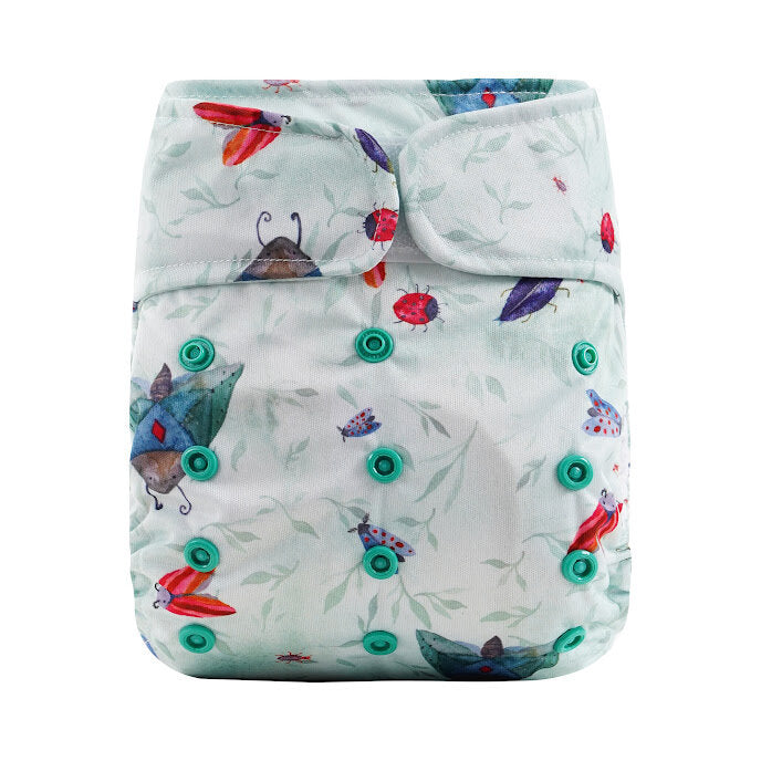 Patterned diaper with colorful insect design on a white background