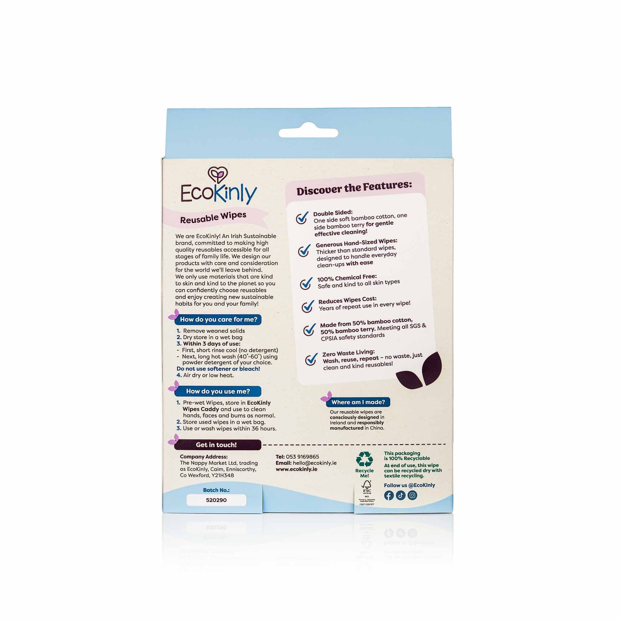 EcoKinly reusable wipes packaging with features and benefits on a white background