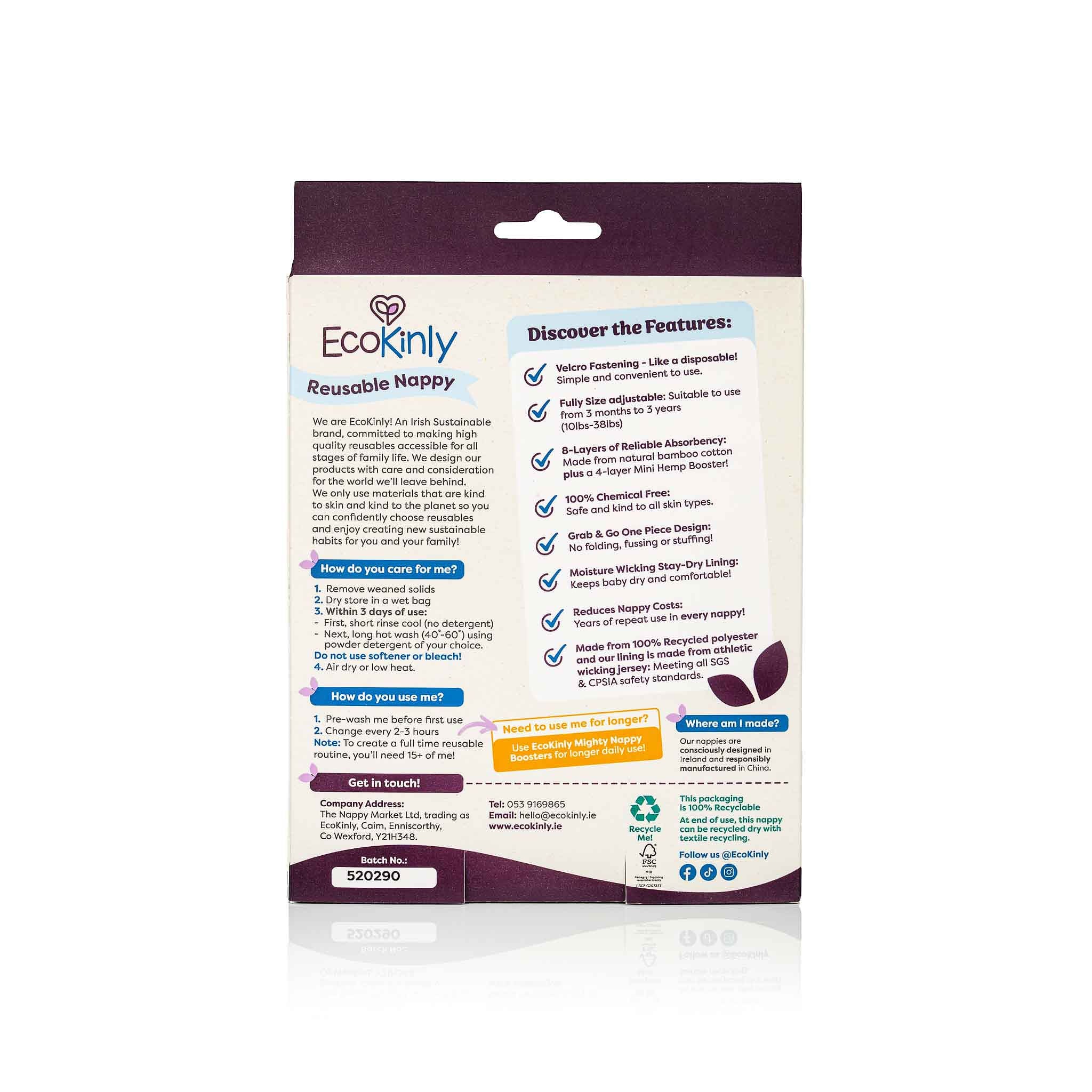 EcoKinly reusable nappy packaging with text on a white background