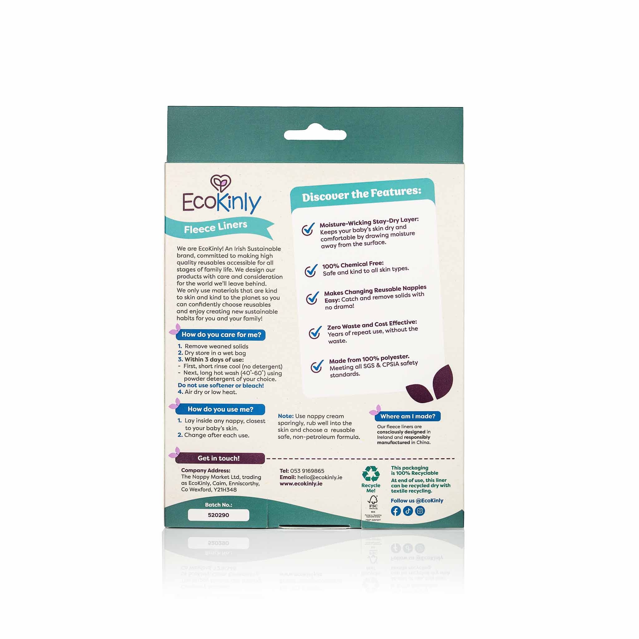EcoKinly fleece liners packaging back view with features listed on a white background