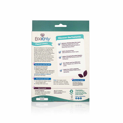 EcoKinly fleece liners packaging back view with features listed on a white background