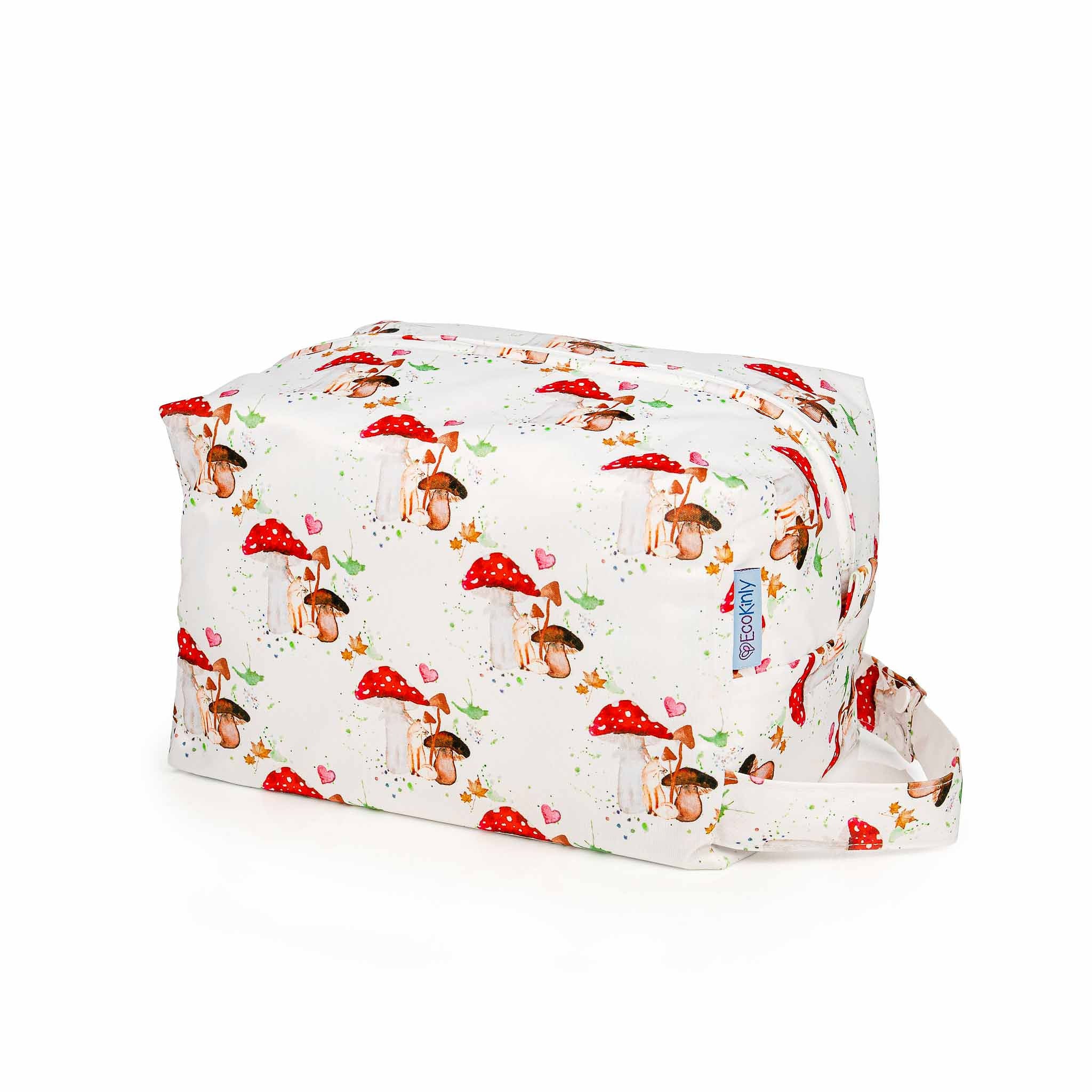 Patterned bag with cartoon characters and red mushrooms on a white background