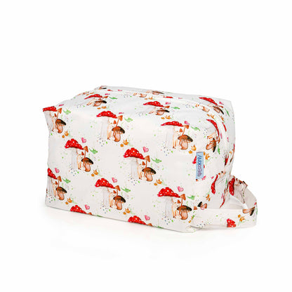 Patterned bag with cartoon characters and red mushrooms on a white background