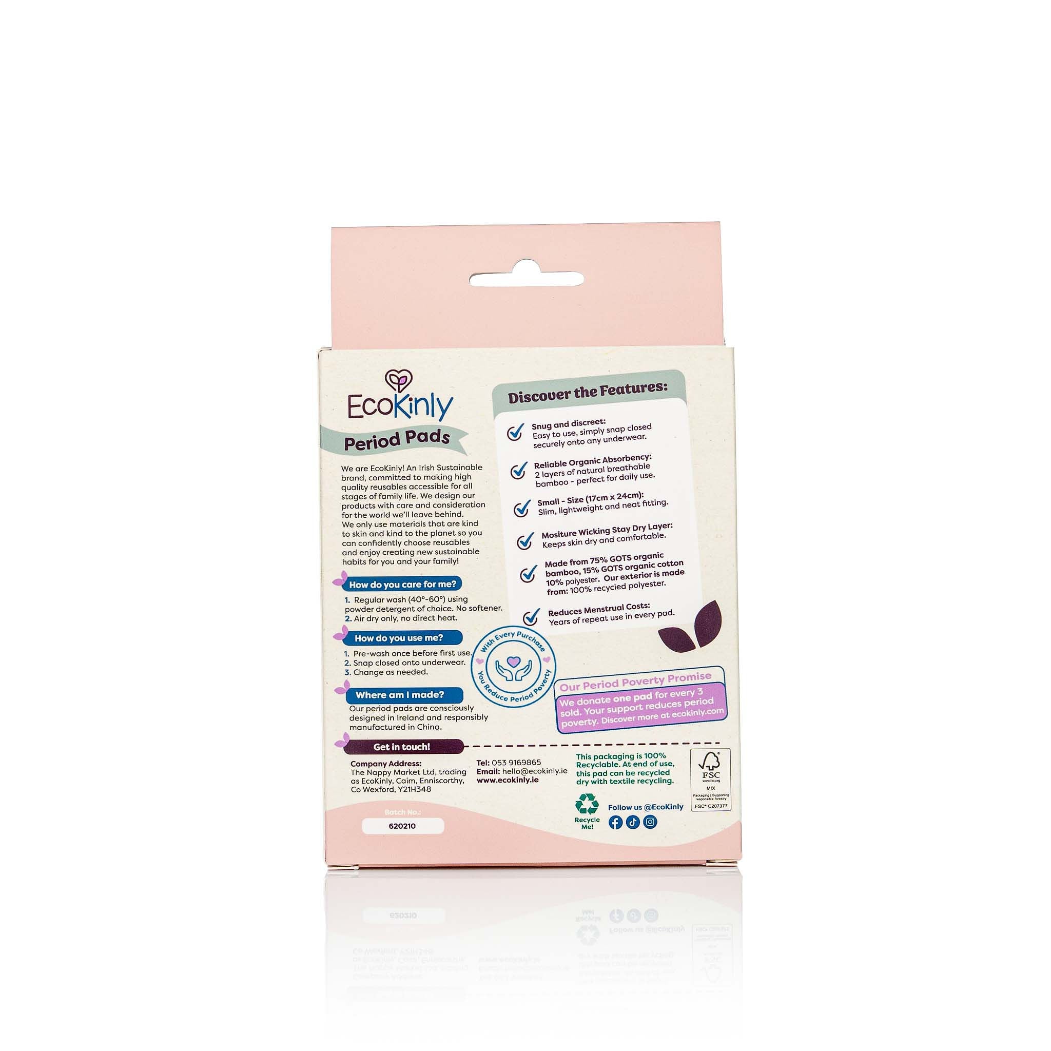 Package of Ecokindly period pads with features listed on a white background