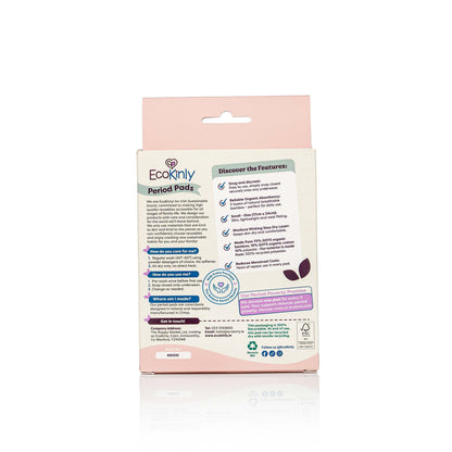 Package of Ecokindly period pads with features listed on a white background