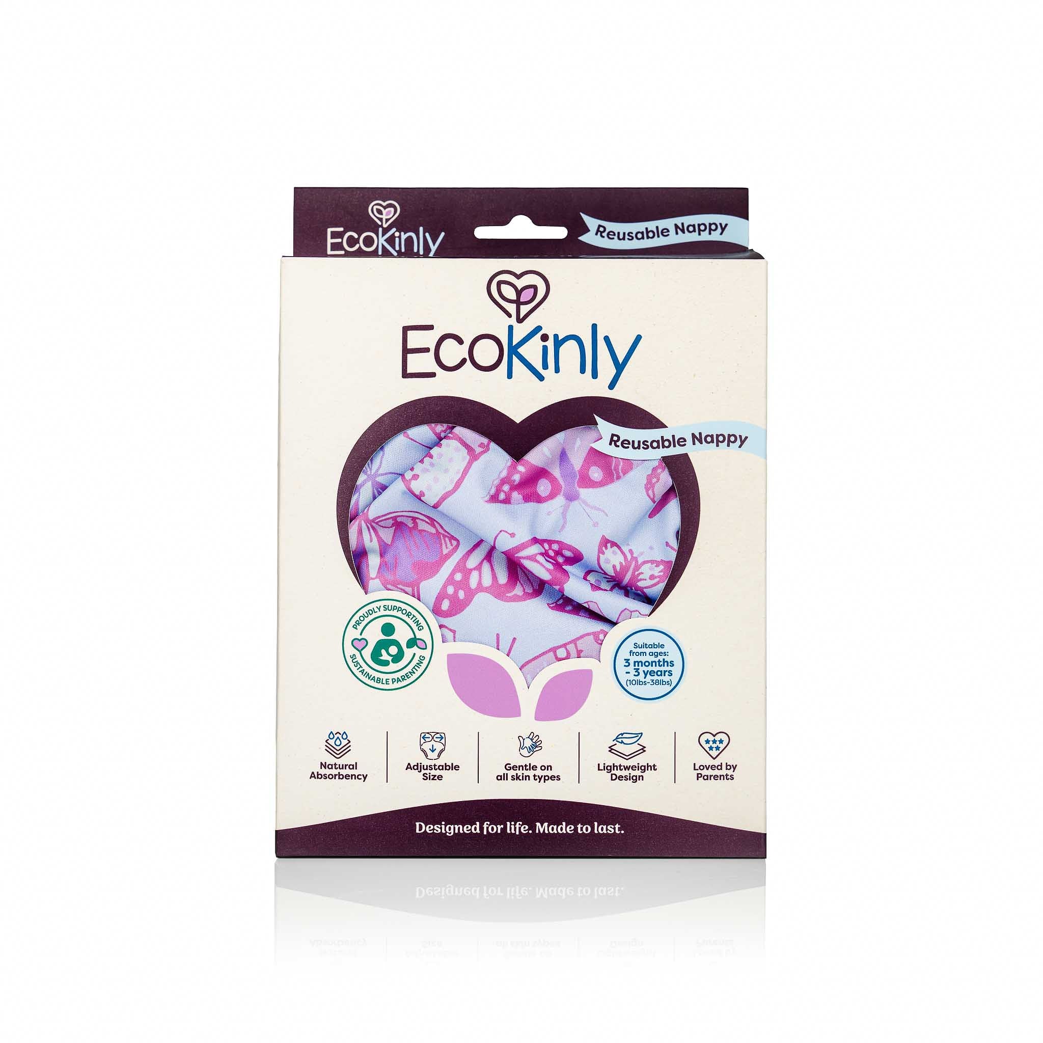 EcoKinly reusable nappy packaging with butterfly design on a white background