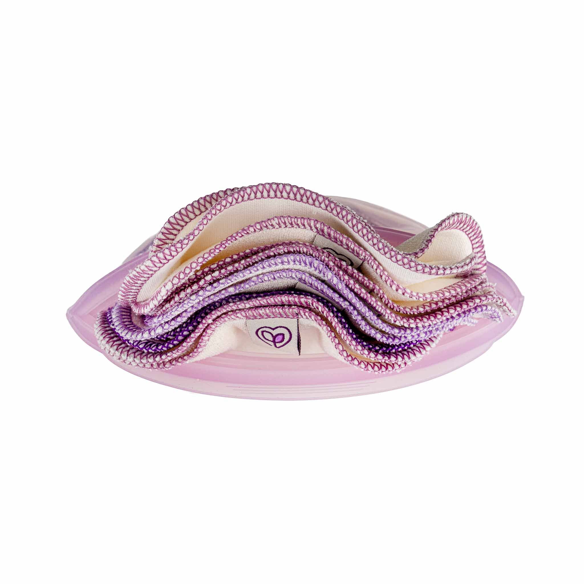 Pink and purple reusable wipes with a heart logo on a white background