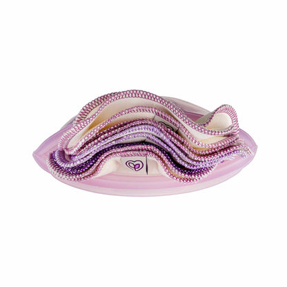 Pink and purple reusable wipes with a heart logo on a white background