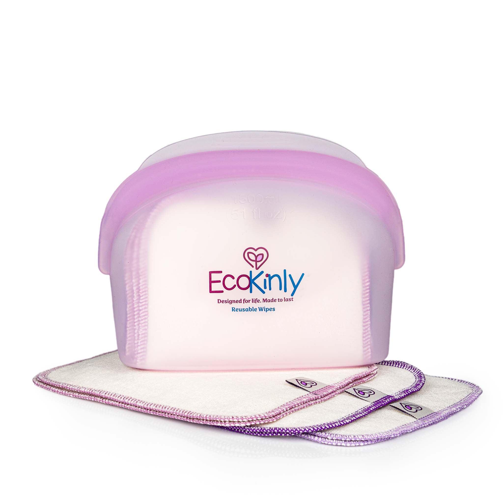 Pink and white reusable wipes container with 'EcoKinly' branding on a white background