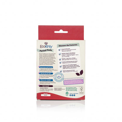 Package of Ecokinly period pads with product details on a white background