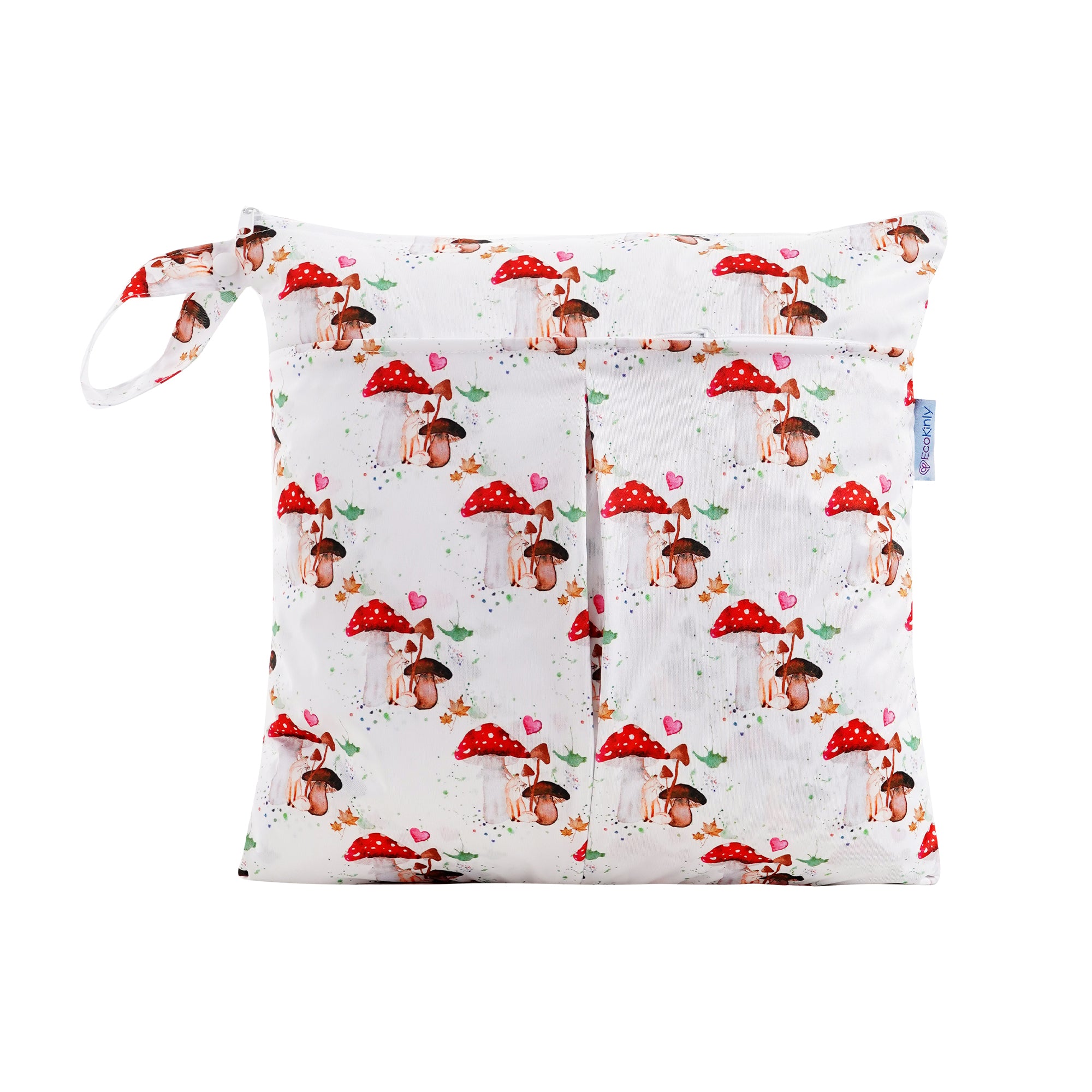 Reusable wet bag with mushroom and fairy design on a white background