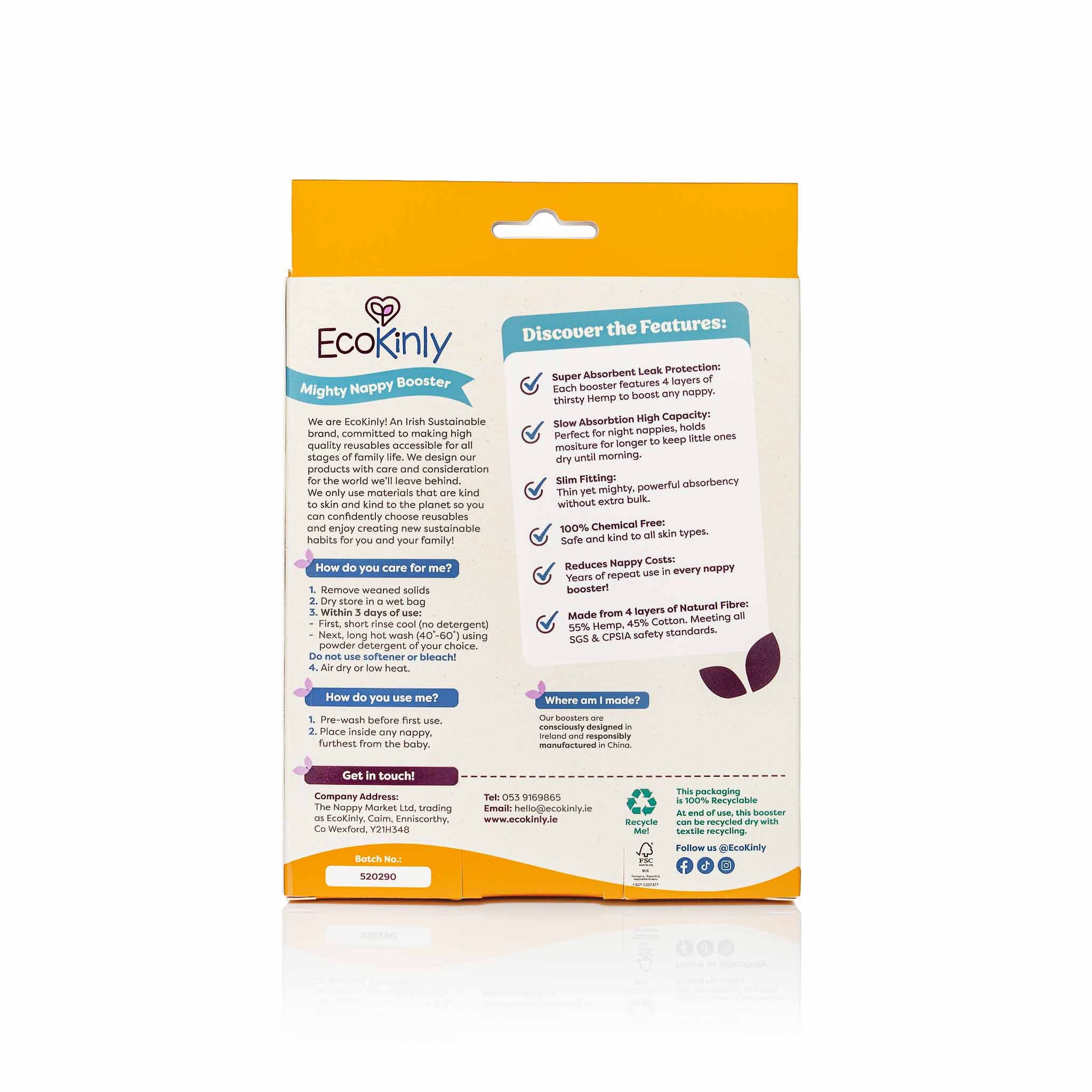 Eco-friendly product packaging with text and branding on a white background