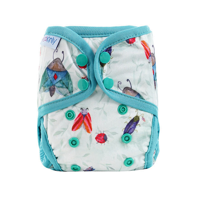 Reusable diaper with colorful insect pattern on a white background
