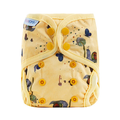 Yellow cloth diaper with butterfly pattern on a white background