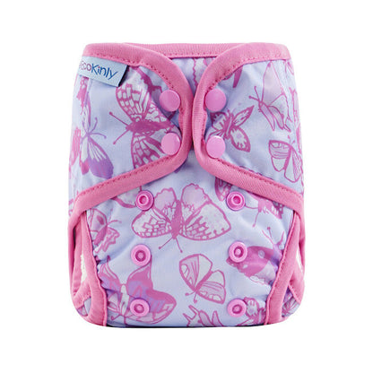 Butterfly-patterned diaper cover with pink accents on a white background