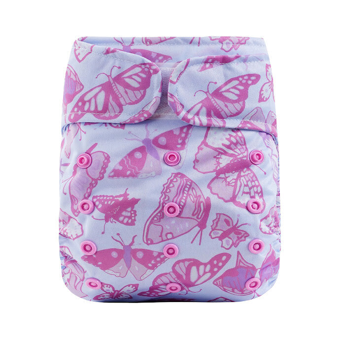 Pink butterfly-patterned diaper cover on a white background