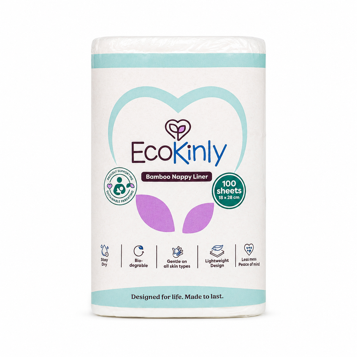 A single roll of EcoKinly Bamboo Nappy Liners on a clean white background. The packaging is white with a light blue heart outline, purple leaf graphics, and a green circular badge indicating '100 sheets'.
