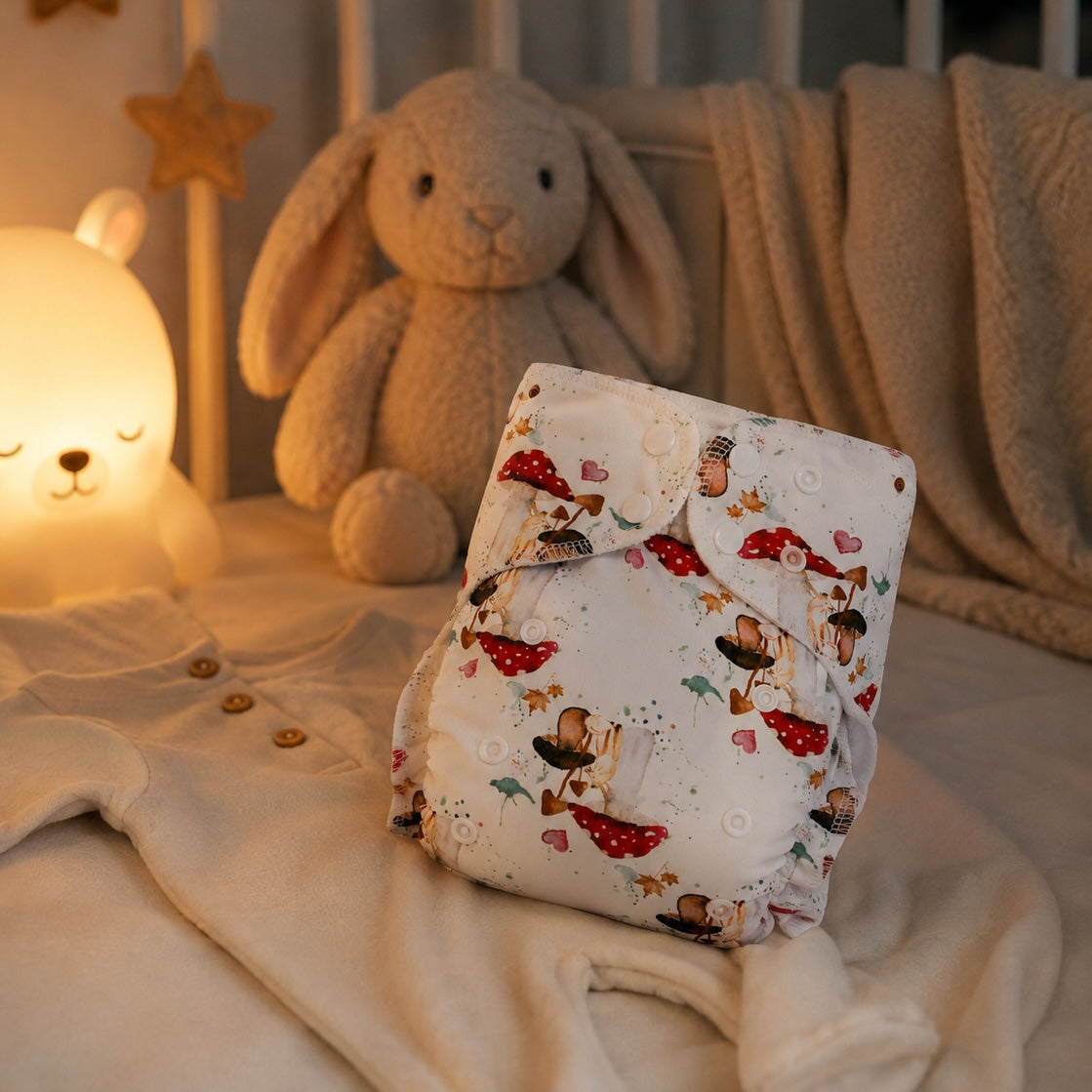 A reusable cloth baby diaper with a whimsical cartoon print, displayed on a soft cream-colored baby onesie in a cozy nursery setting with a plush bunny toy and a warm glowing lamp.