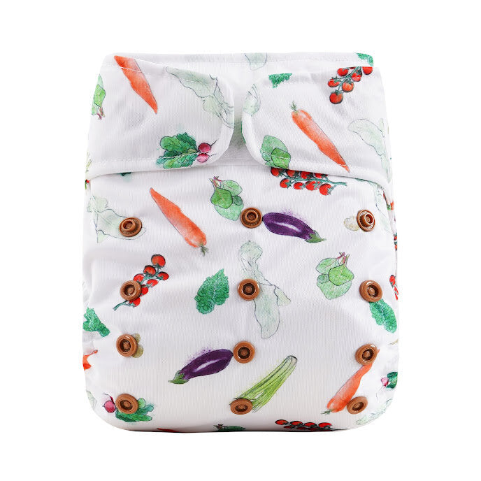 Reusable diaper with vegetable pattern on a white background