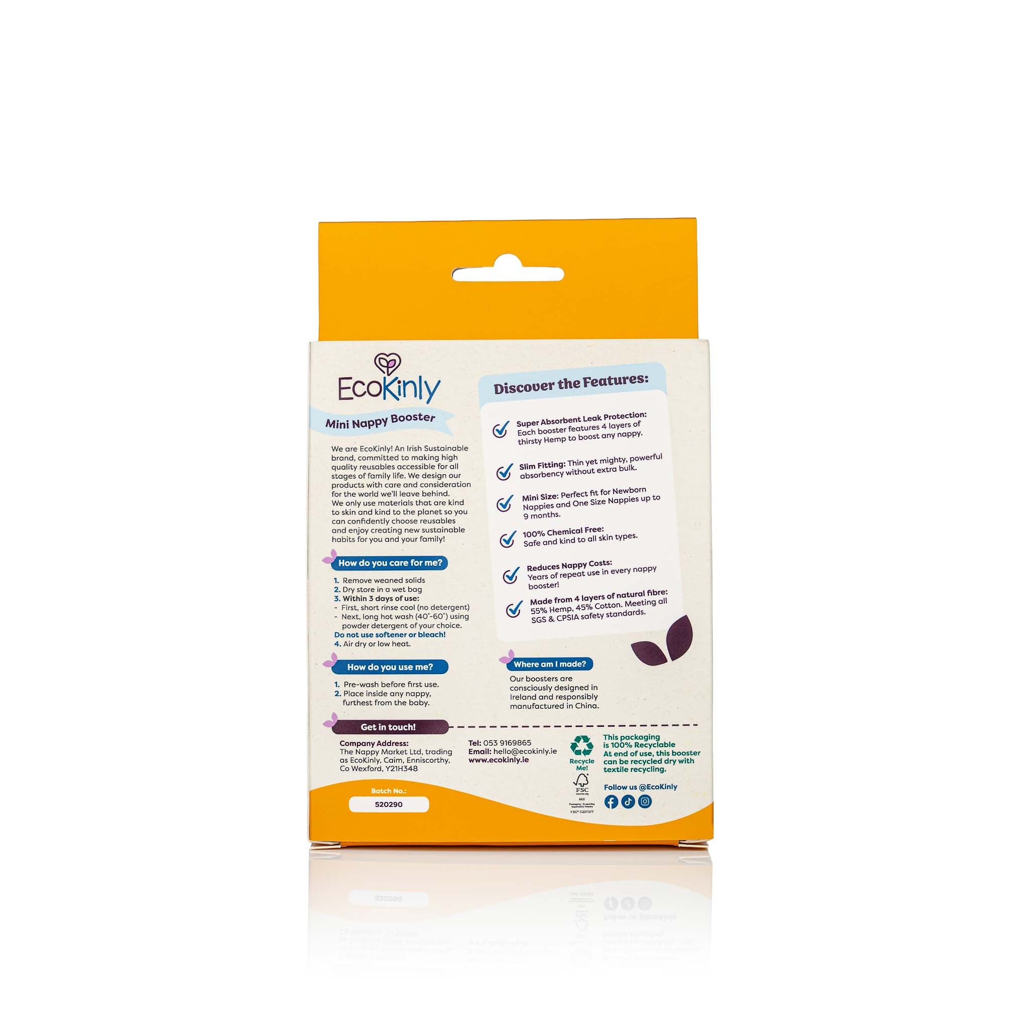 EcoKinly product packaging with features listed on a white background