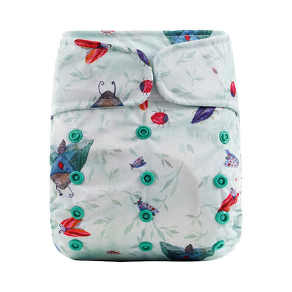 Patterned diaper with colorful insect design on a white background