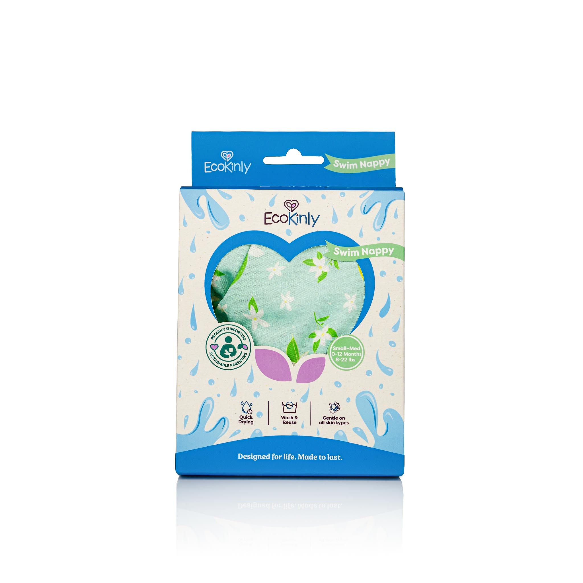 Eco-friendly swim happy packaging on a white background