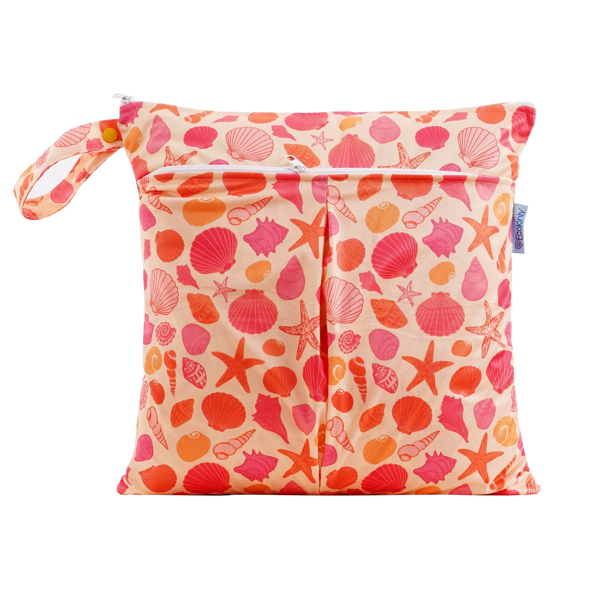 Reusable wet bag with a colorful shell pattern on a white background