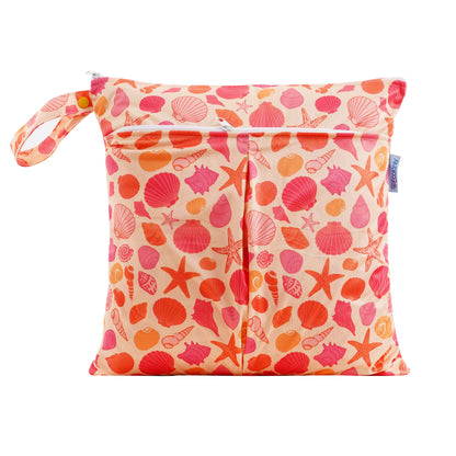 Reusable wet bag with a colorful shell pattern on a white background