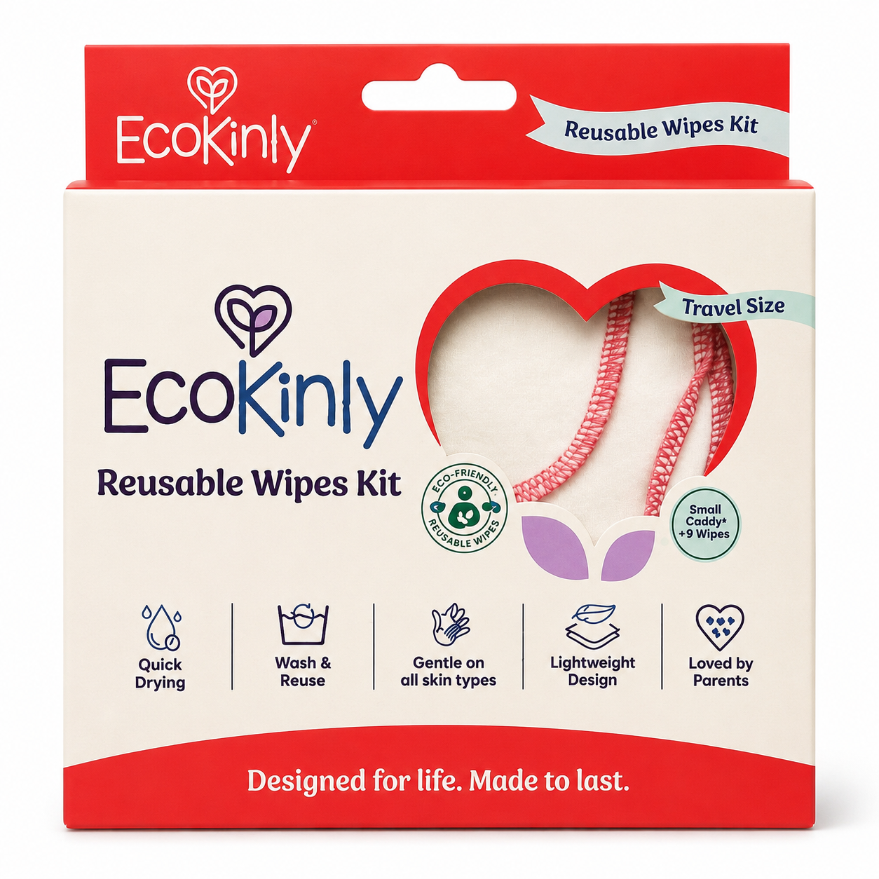 EcoKinly Reusable Wipes Kit in its retail packaging, featuring a red and off-white box with a heart-shaped cutout showing the pink reusable wipes inside.